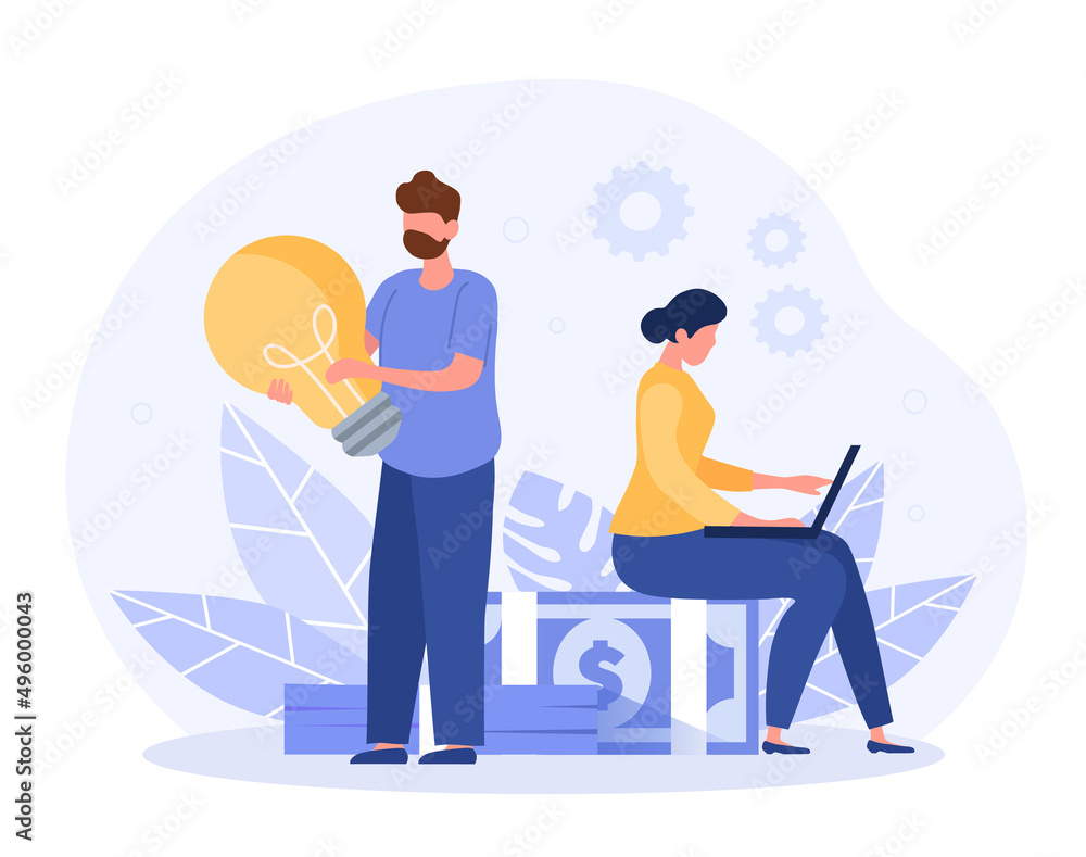 Concept of business. Man and girl next to money. Employees increase companys earnings. Brainstorming and creative characters. Metaphor of idea and innovation. Cartoon flat vector illustration Concept of business. Man and girl next to money. Employees increase companys earnings. Brainstorming and creative characters. Metaphor of idea and innovation. Cartoon flat vector illustration
