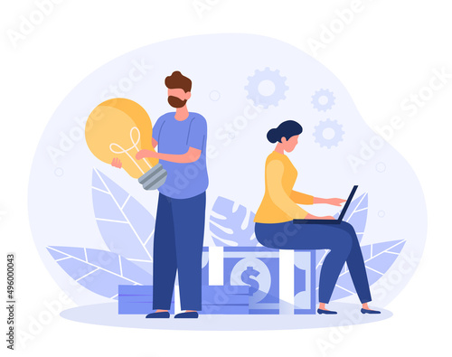 Concept of business. Man and girl next to money. Employees increase companys earnings. Brainstorming and creative characters. Metaphor of idea and innovation. Cartoon flat vector illustration