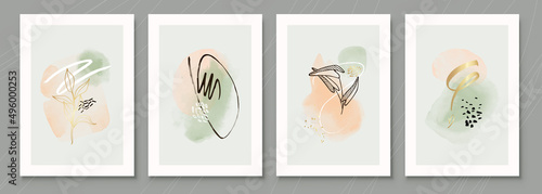 Teal and Peach Abstract Watercolor Compositions. Set of soft color painting wall art for house decoration or invitations. Minimalistic background design. Vector wall art plants in minimalist style.