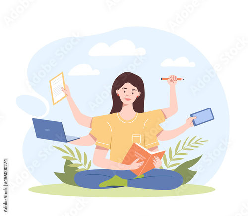 Multitasking businesswoman concept. Girl in lotus position with many hands. Entrepreneur and talented investor. Overworked employee  busy character. Time management. Cartoon flat vector illustration