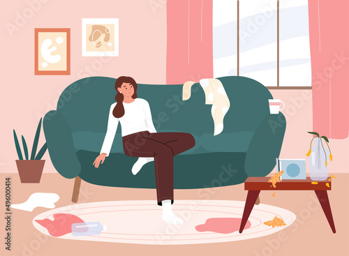 Lazy woman at home. Comfort and coziness, rest after work and weekends. Young person lies on sofa. Mess and chaos in apartment, emotional burnout and fatigue. Cartoon flat vector illustration