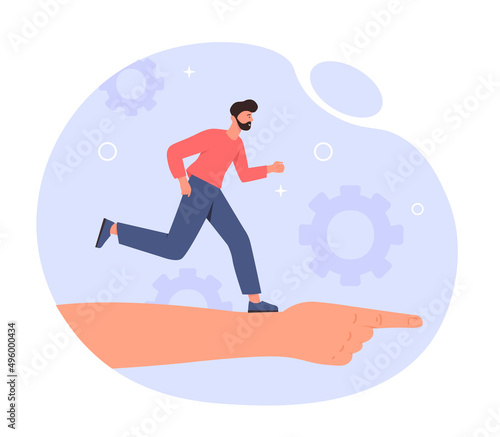 Man running on hand. Motivation and self development, posters or banners for site. Assistance and support of employees, teamwork and development of organization. Cartoon flat vector illustration
