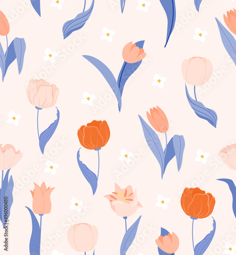 Tulip flower seamless vector pattern for for packaging, wallpaper, cover, poster, template, and more. Spring abstract colorful background. Spring wedding invitation. Flat style illustration