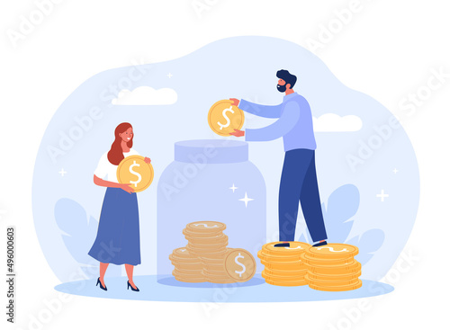 Saving money concept. Men and girls put coins in jar. Metaphor of financial literacy and savings. Dollars and coins. Family forms budget. Investment and banking. Cartoon flat vector illustration