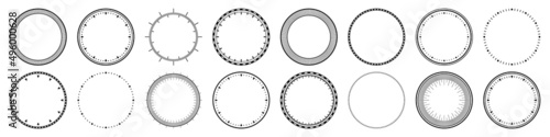 Mechanical clock faces, bezel. Watch dial with minute and hour marks. Timer or stopwatch element. Blank measuring circle scale with divisions. Vector illustration.