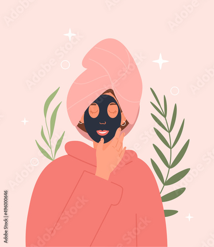 Smiling woman concept. Girl carries out anti aging procedures, cosmetics, beauty and hygiene. Charcoal mask and fight against acne and blackheads, youth and skincare. Cartoon flat vector illustration