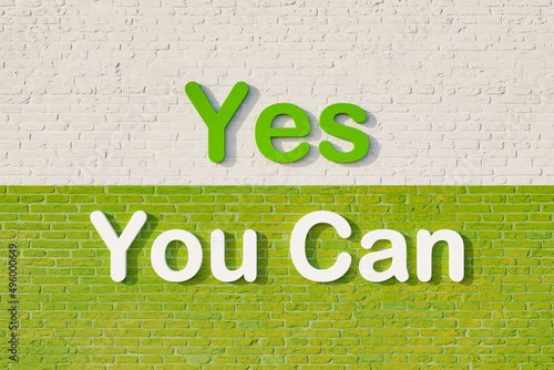 Yes you can. Colored capital letters against a white and green brick wall. Message, speech and information concept. 3D illustration	