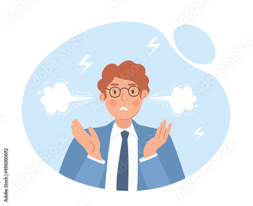 Man under stress. Worker in panic, character has smoke coming out of his ears. Businessman or entrepreneur dissatisfied with situation, aggression and negativity. Cartoon flat vector illustration