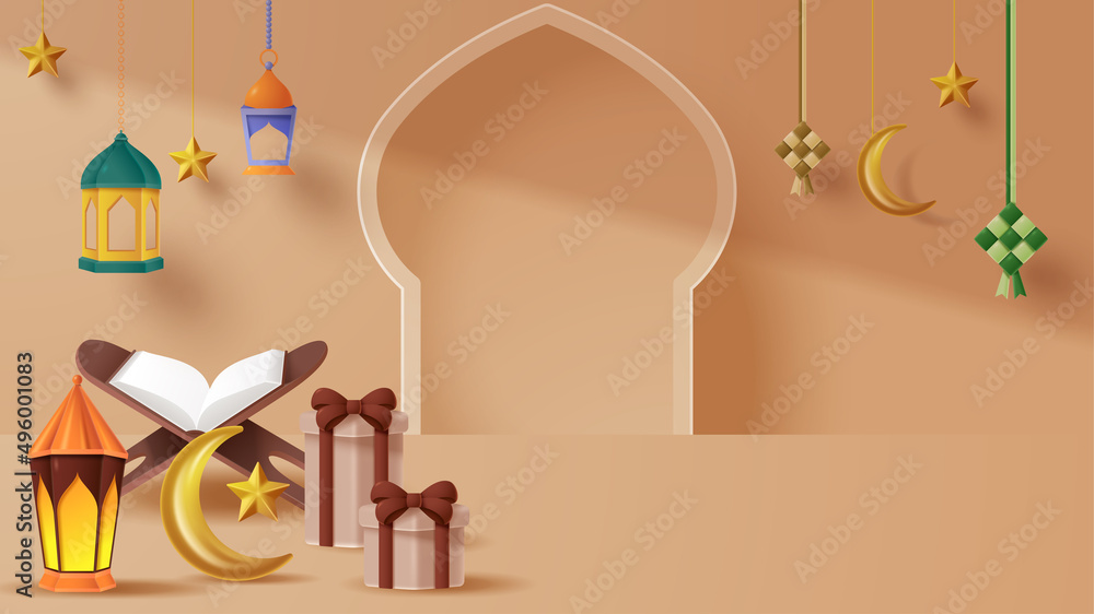 Fototapeta premium Islamic display decoration background with islamic ornament. Vector 3D Illustration