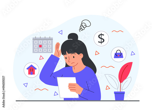 Household budget concept. Girl with documents in her hands scratches her head. Confusion and restlessness. Character got bills, financial literacy and cost estimate. Cartoon flat vector illustration