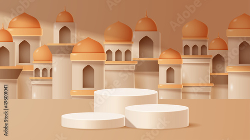 Islamic display podium decoration background with islamic ornament. Vector 3D Illustration
