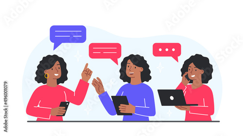 Group of women. Employees discuss projects, boss and subordinates. Colleagues working on ordinal project, brainstorming and discussing ideas. Friends share news. Cartoon flat vector illustration