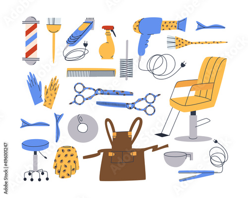 Accessories for the hairdresser. Equipment for a hairdressing salon and a uniform for the master and the client. Scissors, hair dryer and brushes. Flat vector illustration. Eps10