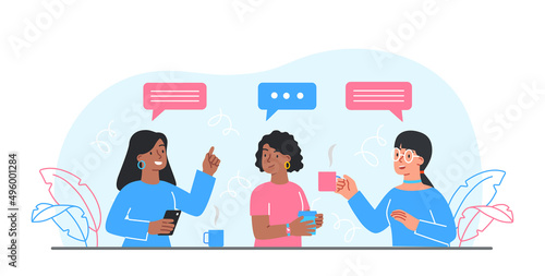 Concept of discussion. Friends tell each other latest news. Exchange of information, colleagues. Students and Rumors. Lunch break at company and good relationship. Cartoon flat vector illustration