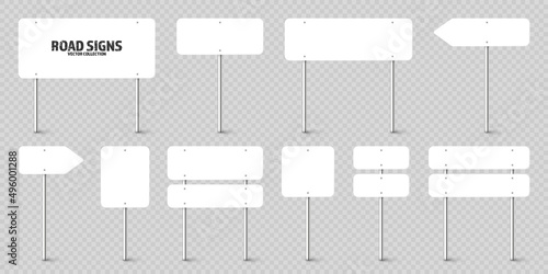 Various road, traffic signs. Highway signboard on a chrome metal pole. Blank white board with place for text. Directional signage and wayfinder. Information sign mockup. Vector illustration