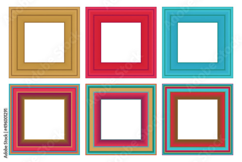 Set of squared color vintage wooden frame for your design. Vintage cover. Place for text. Vintage antique colorful modern rectangular frames. Template vector illustration