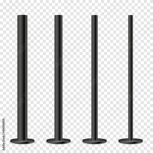 Realistic metal poles collection isolated on transparent background. Glossy black steel pipes of various diameters. Billboard or advertising banner mount, holder. Vector illustration.