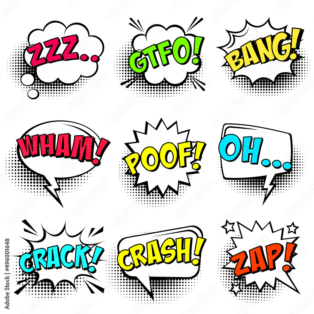Obraz premium Comic speech bubbles with halftone shadows and colorful text isolated on white background. Hand drawn retro cartoon stickers. Pop art style. Vector illustration.