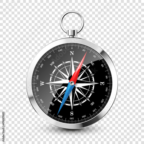 Realistic silver vintage compass with marine wind rose and cardinal directions of North, East, South, West. Shiny metal navigational compass. Cartography and navigation. Vector illustration.