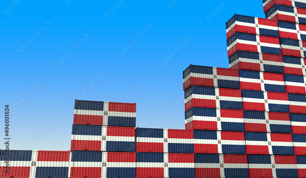 Flags of the Dominican Republic on cargo containers making a rising graph. Industrial growth related 3D rendering