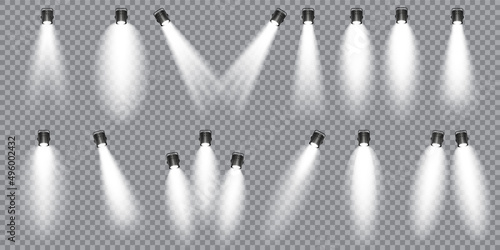 Illuminated studio spotlights collection. Bright light beam. Transparent realistic effect. Stage lighting. Glowing light rays. Vector illustration.