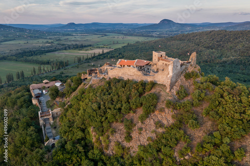 Aerial view of Szigliget castle near Lake Balaton in Hungary after closing hours before the sun sets