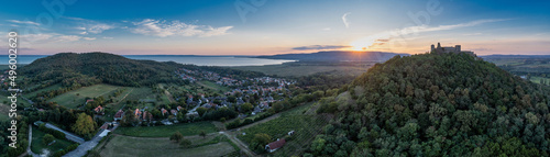 Billede på lærred Aerial view of Szigliget castle near Lake Balaton in Hungary after closing hours