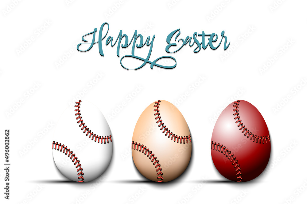 Happy Easter. Set eggs decorated in the form of a baseball balls different colors. Eggs shaped baseball balls. Pattern for greeting card, banner, poster. Vector illustration on isolated background Happy Easter. Set eggs decorated in the form of a baseball balls different colors. Eggs shaped baseball balls. Pattern for greeting card, banner, poster. Vector illustration on isolated background