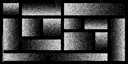 Stipple pattern, dotted rectangular design elements. Stippling, dotwork drawing, shading using dots. Pixel disintegration, random halftone effect. White noise grainy texture. Vector illustration