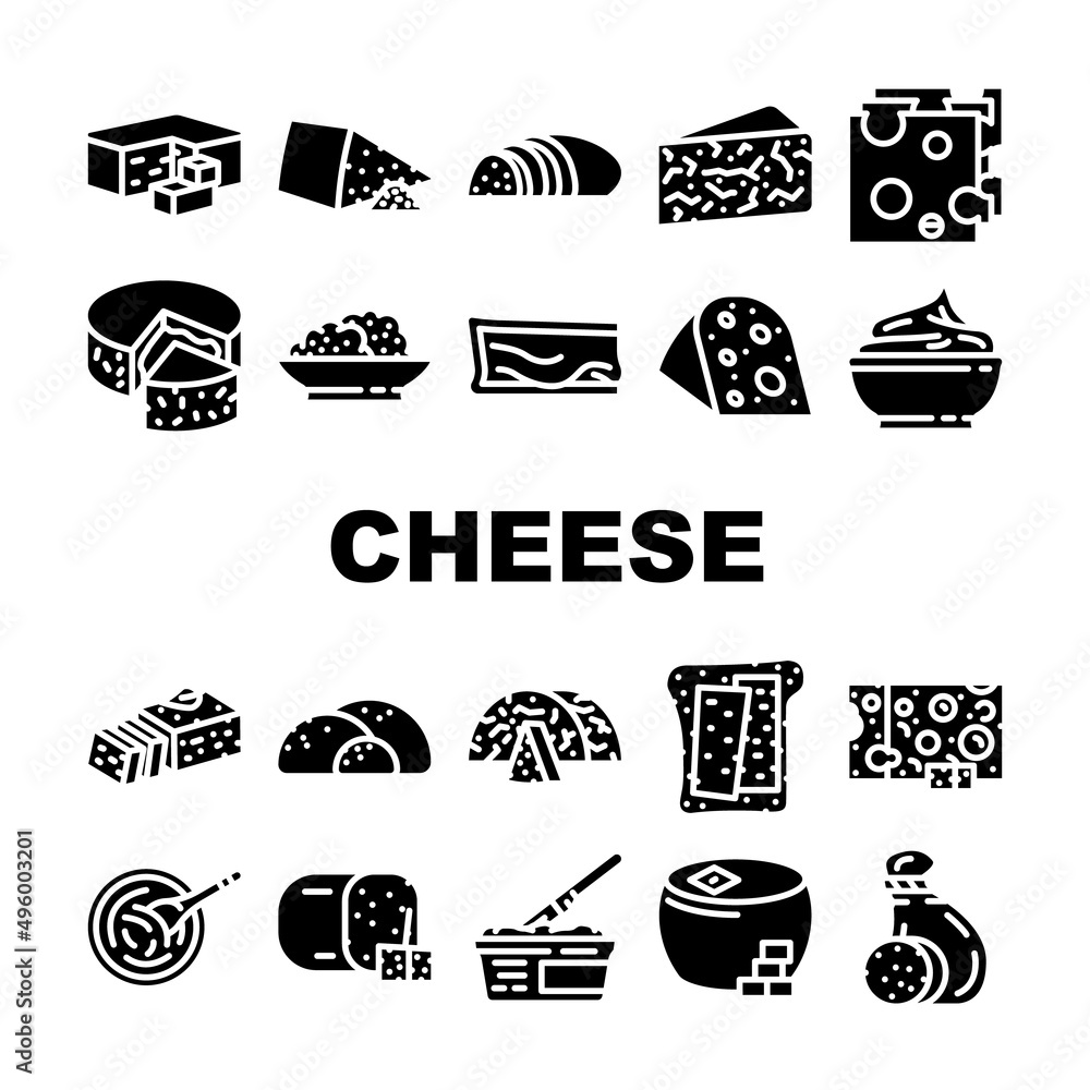 Cheese Dairy Delicious Nutrition Icons Set Vector. Cheddar And