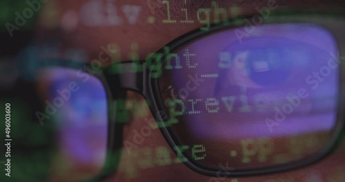 4K video super close up eye ball with eyeglasses overlay with coding screen. Background concept for programming and coding computing.