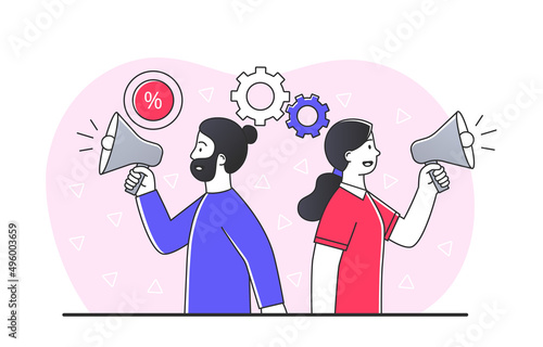 People with megaphone. Man and girl with loudspeaker. Social networks and modern technologies. Digital world and popular bloggers, influencers, opinion leader. Cartoon flat vector illustration