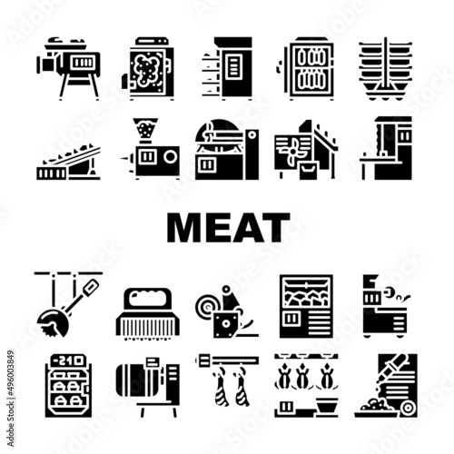 Meat Factory Production Equipment Icons Set Vector. Smoking And Baking Chamber For Preparing Meat, Grinder And Carcass Conveyor Plant Tool, Circula And Band Saws Glyph Pictograms Black Illustration