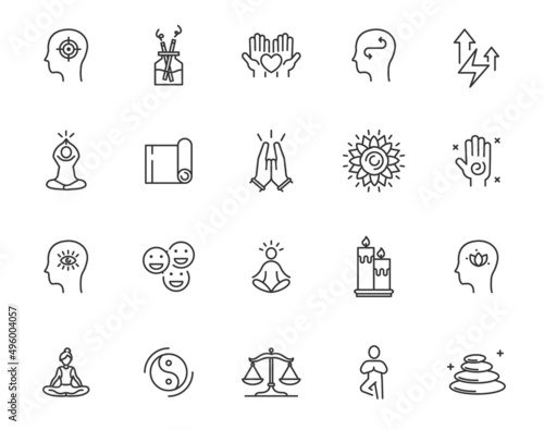 Yoga meditate mind relax vector line icon set. Relax yoga zen self balance health meditate pictogram illustration