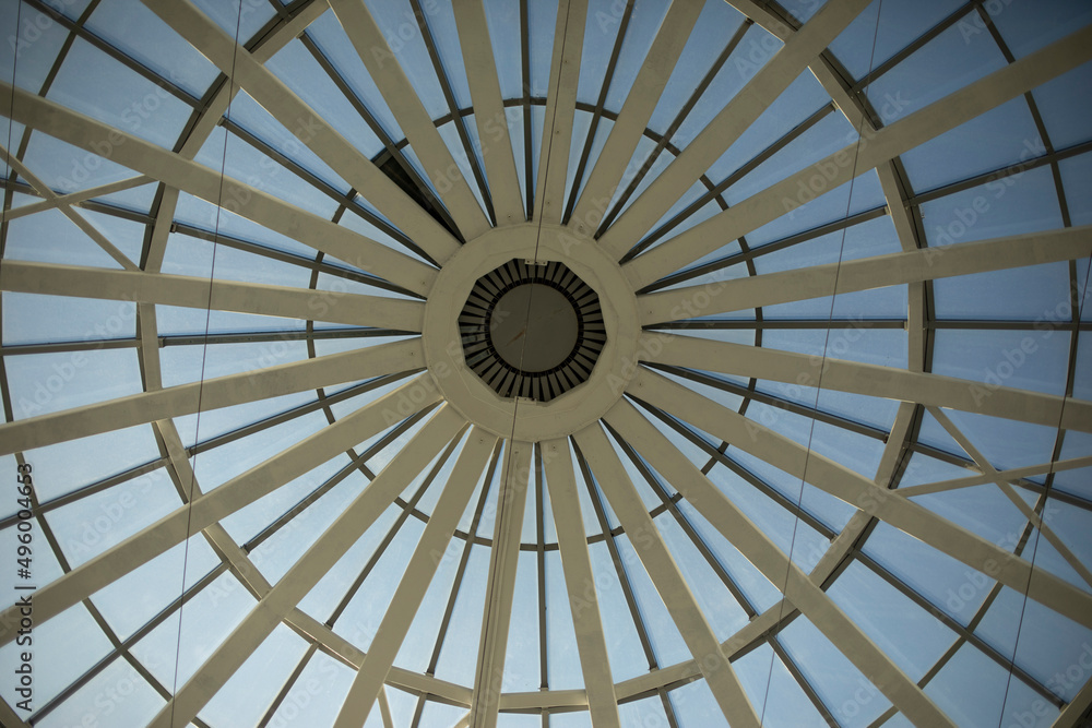 Dome of shopping center. Ceiling in building. Skylight.