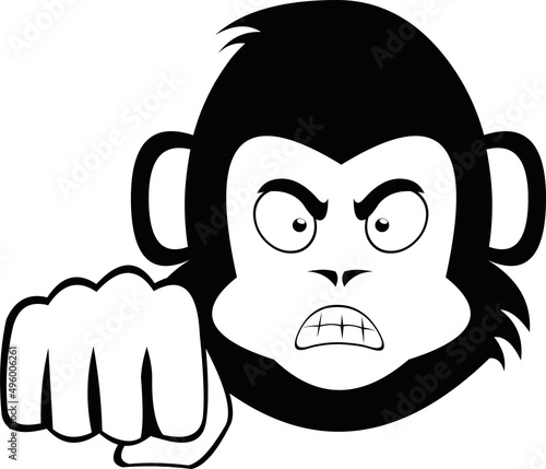 Vector illustration of the face of a cartoon monkey or gorilla with an angry expression, giving a fist bump. Drawn in black and white