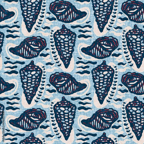 Indigo Blue Seashell nautical seamless pattern. Modern marine shell print in classic nantucket fabric textile hand drawn block print style. Summer 2 tone high contrast jpg tile swatch