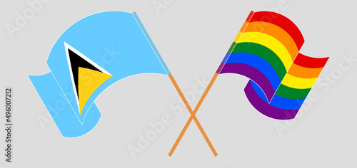 Crossed and waving flags of Saint Lucia and LGBTQ