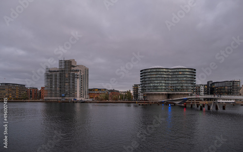 Copenhagen, Denmark - November 3032: Evening view of the Portland Towers, two silos converted into office bildings in the Nordhavn district. © Сергій Вовк
