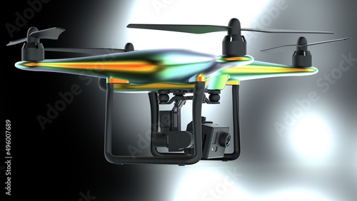 Powerful  rainbow metallic drone loaded with some of most advanced imaging and flight technologies under flash light. Concept image of video production, agriculture solution and public safety. 3D CG. © DRN Studio
