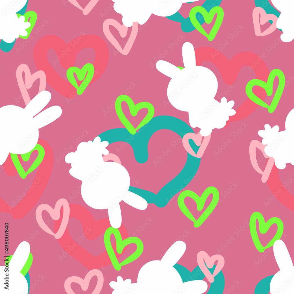 Fototapeta premium Bright colorful festive Easter seamless pattern with bunnies silhouettes and hearts. Perfect for T-shirt, textile and print. Hand drawn vector illustration for decor and design.