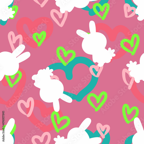 Bright colorful festive Easter seamless pattern with bunnies silhouettes and hearts. Perfect for T-shirt, textile and print. Hand drawn vector illustration for decor and design.