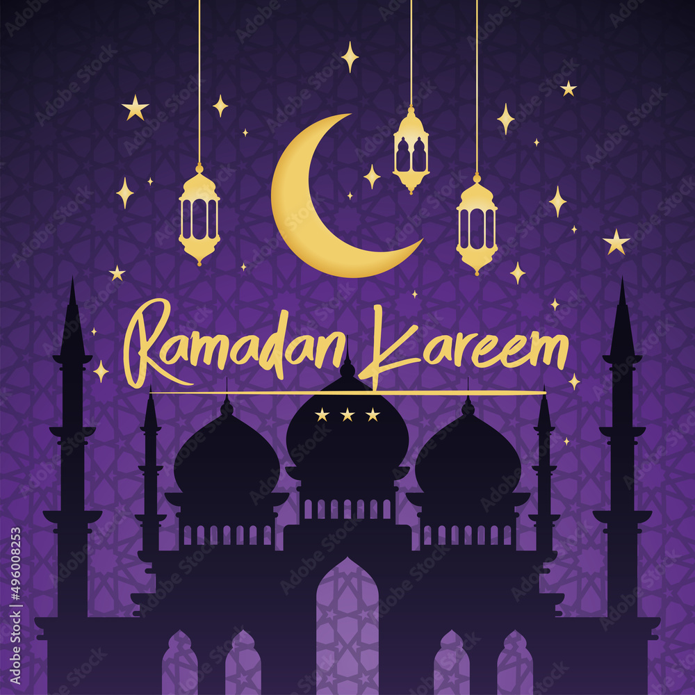 Arab mosque silhouette Golden crescent moon and lamps Ramadan Kareem Vector