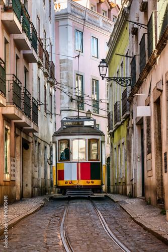 Vertical view of Traditional tram 28 in Lisbon. Portugal