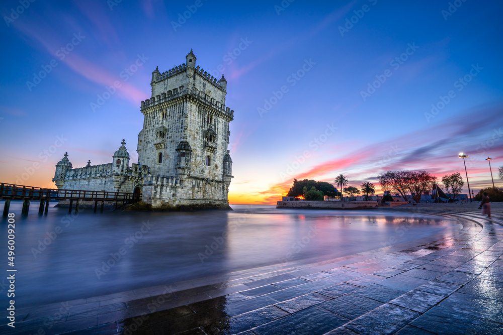 Belem Tower at sunset on the Tagus River in Lisbon, Portugal
