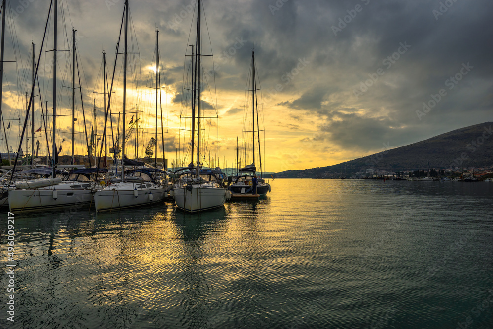 Boat marina at sunset in Trogir. Croatia