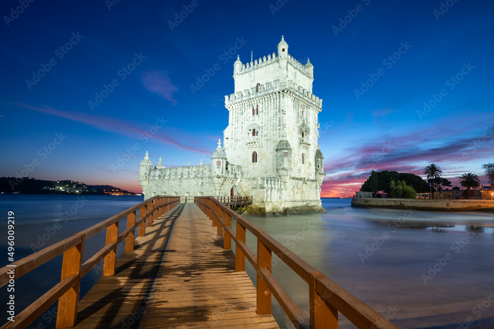 Belem Tower at sunset on the Tagus River in Lisbon, Portugal