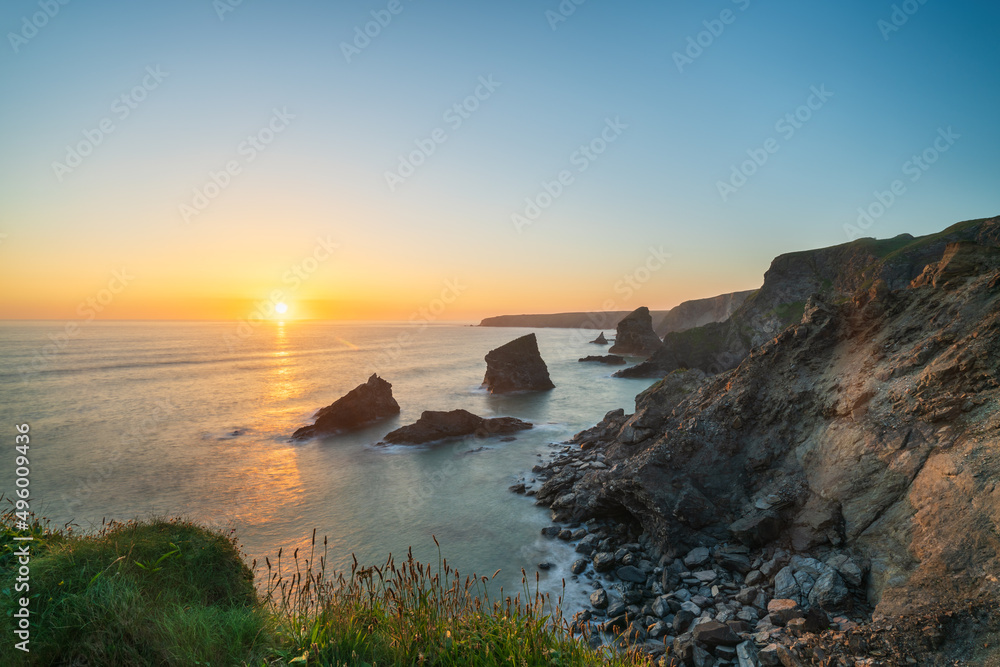 Sunset at Bedruthan Steps cliffs, North Cornwall, UK