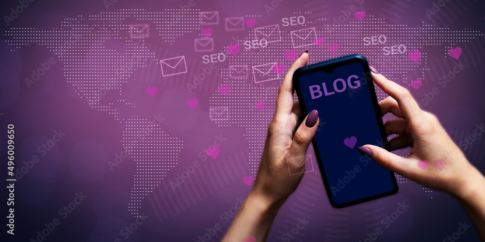 Φωτογραφία Women's hands with a smartphone with the inscription Blog on the background of graphic icons of likes, letters, SEO