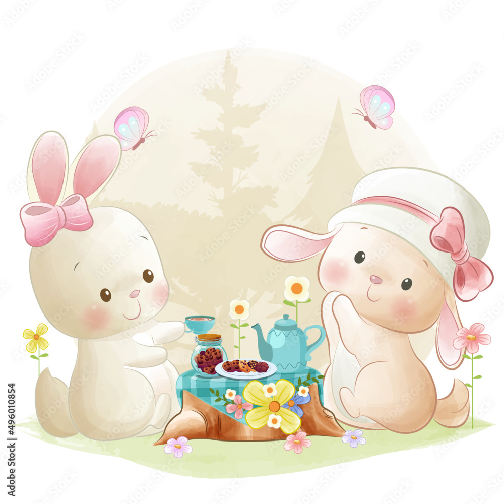 Animal tea party illustration woodland friends having a picnic Animal tea party illustration woodland friends having a picnic